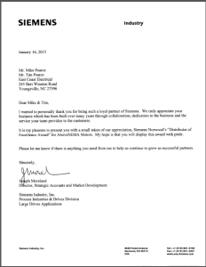 East Coast Motor  Siemen's Distributor of Excellence Award image PDF